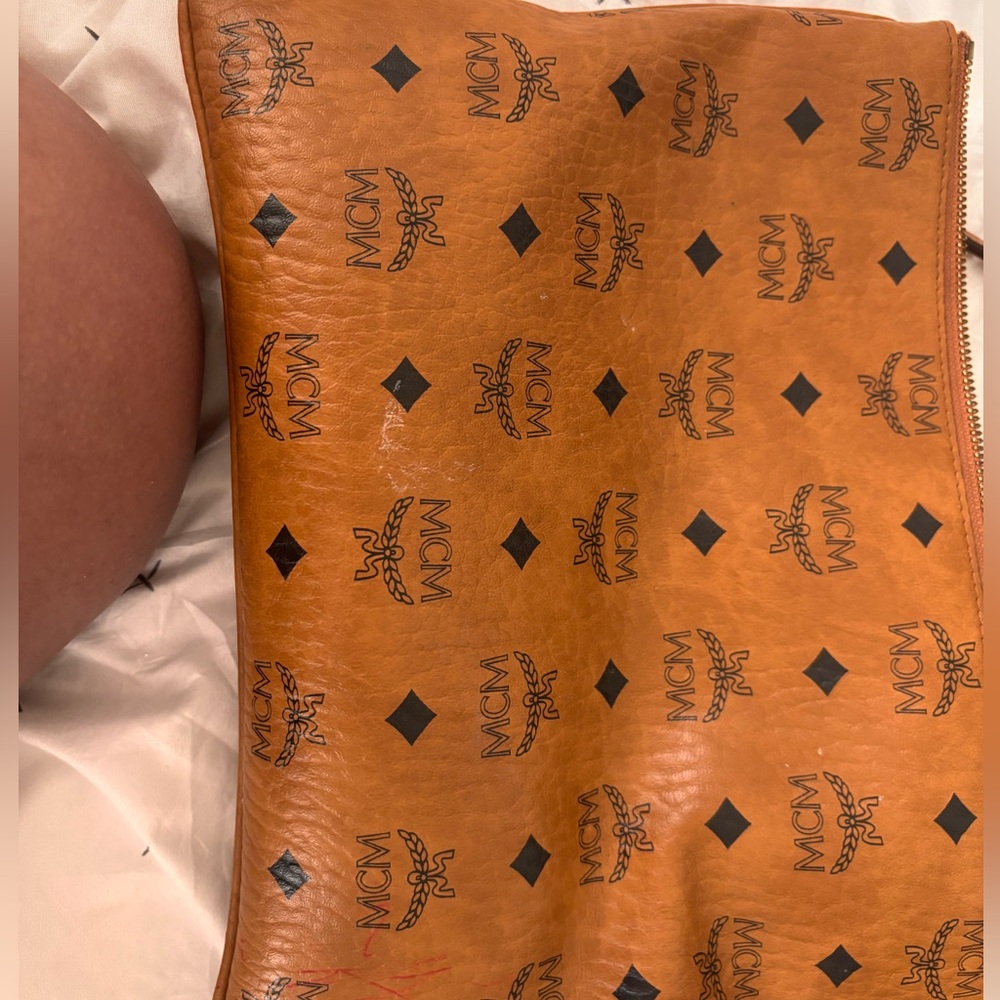 MCM Cognac Leather Logo Pouch with Gold-Tone Zipper